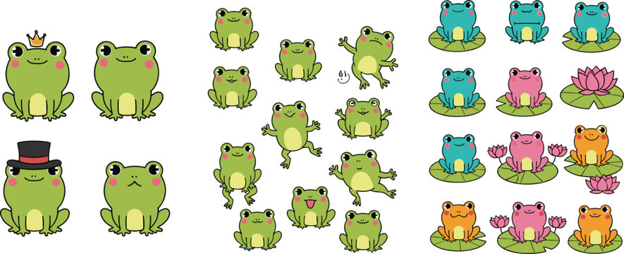Cartoon Frog Collection Featuring Various Poses, Expressions, and Accessories for Fun Animal and Nature-Themed Designs
