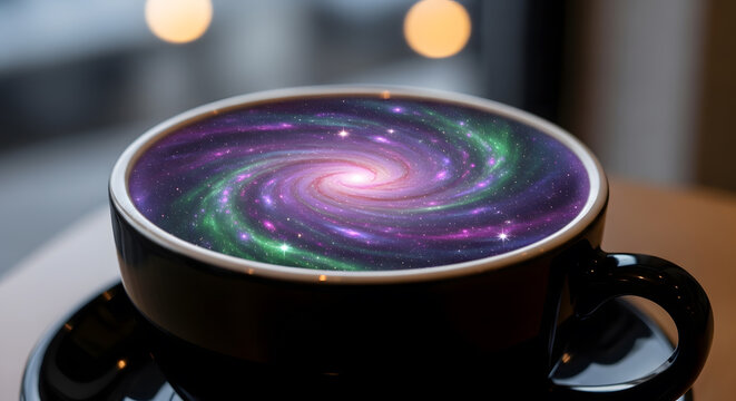 Isolated macro shot of dark mug featuring warm milky way galaxy-like drink. Showcasing early to mid 2010s throwback aesthetics, coffee, cafe, dream, and fantasy ideas