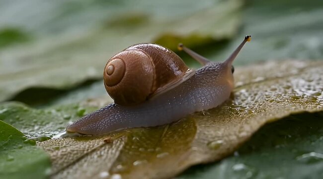 Closeup image of a snail crawling on a wet green leaf
