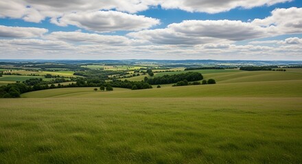 Naklejka premium Scenic panoramic view of rolling countryside green farm fields with sheep, cow and green grass in New Grange, County Meath