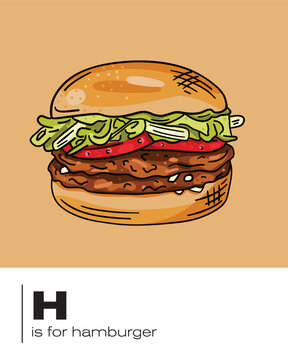 H is for Hamburger flash card vector illustration for classroom posters and education 