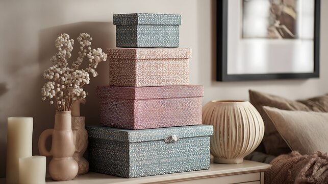 Stacked decorative patterned boxes with dried flowers and candles on a dresser