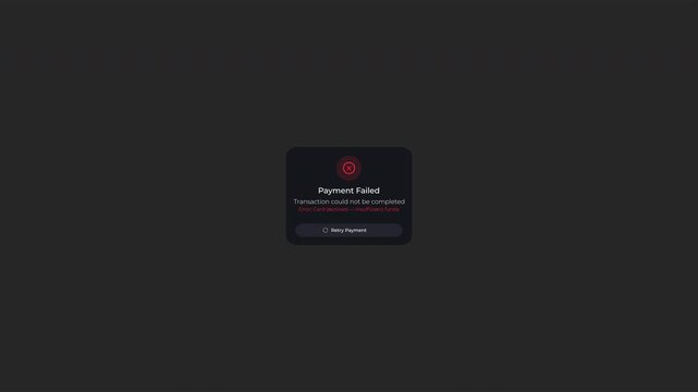 Fintech payment failure UI with shaking red error button, centered X icon and retry spinner. Dark mode SaaS checkout modal for declined transactions, validation errors and processing feedback. loop