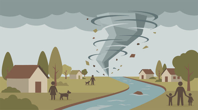 Flat design illustration of a powerful tornado striking a residential area