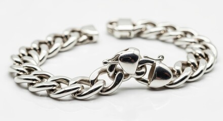 Fototapeta premium Silver curb chain bracelet rests on a clean white surface.