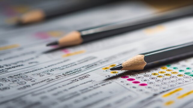 Spread of printed exam pages with visible instructions and highlighted sections pencils crossing diagonally the foreground sharply detailed and background softly diffused.