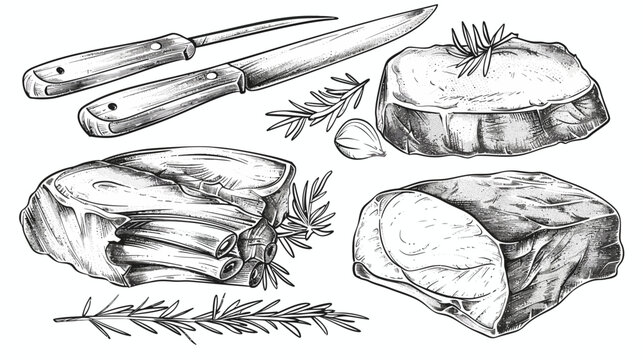 Black and white illustration of meat cuts, rosemary, garlic, and knives on white