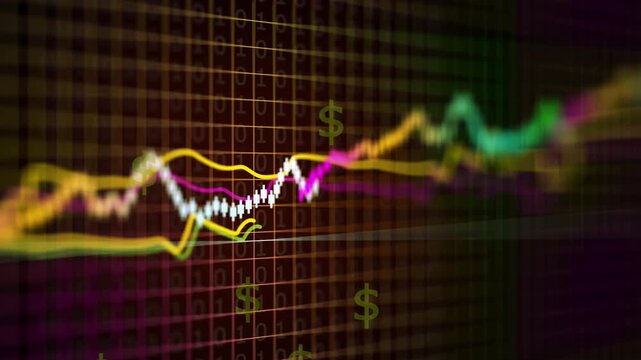 Abstract Financial Market Trading Chart with Dollar Symbols and Colorful Trend Lines