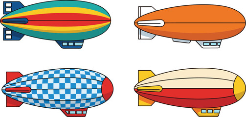 Airship Blimp Illustration Set with Vintage Zeppelin Designs for Aviation Travel Advertising and Flying Balloon Transport Collection © Sanjida