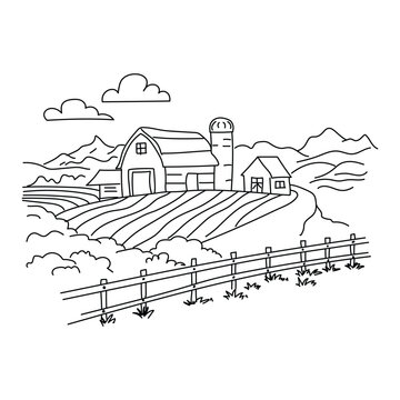 Farm Landscape Illustration with Barn Silo Fields and Mountains