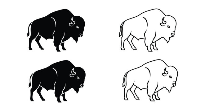 Bison icons, animal silhouettes, wildlife illustrations, vector graphics