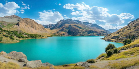 Naklejka premium Panoramic View of the Turquoise Iskanderkul Lake Nestled in the Fann Mountains