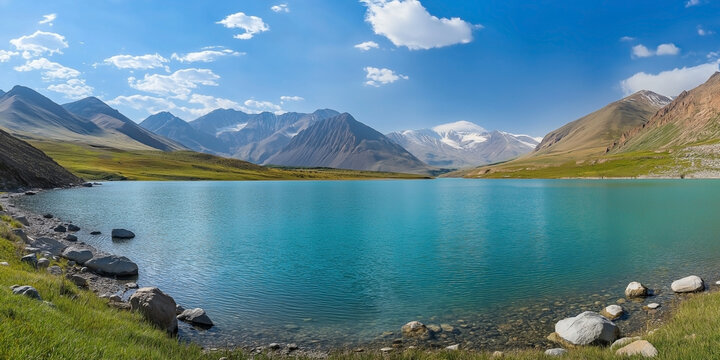 Panoramic View of the Turquoise Iskanderkul Lake Nestled in the Fann Mountains