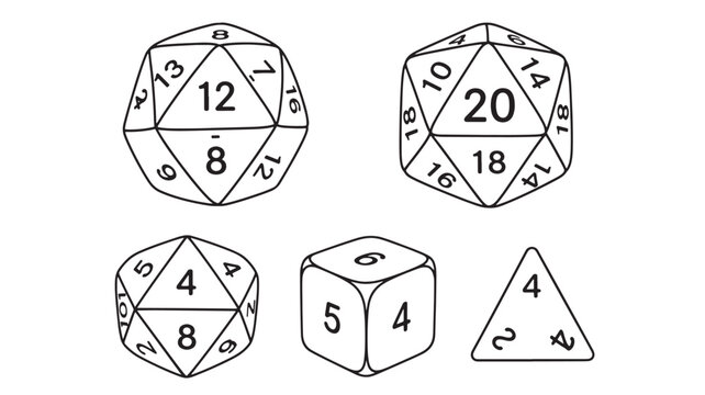 Dice game polyhedral shapes with numbers for tabletop role-playing games and board games, isolated on white