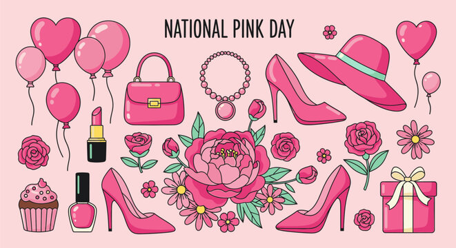 Vibrant pink objects and accessories arranged on a soft pink background for National Pink Day celebration