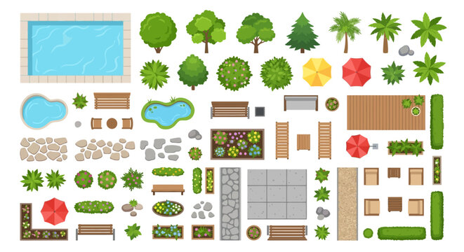 Aerial view of various park elements pools trees benches and landscaping