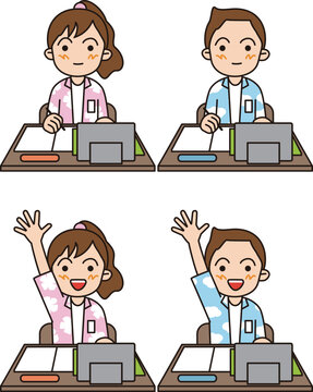 日本の小学生が学校で授業を受ける。男の子と女の子が机に向かって座っているイラスト。