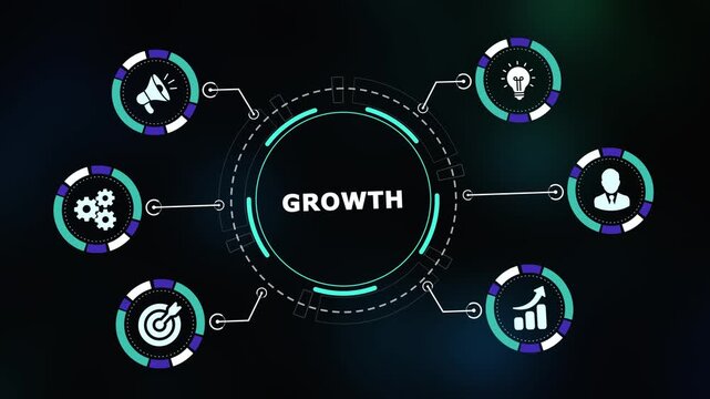 Financial growth and business development concept with rising bar charts and info-graphic icons for success and profit increase.