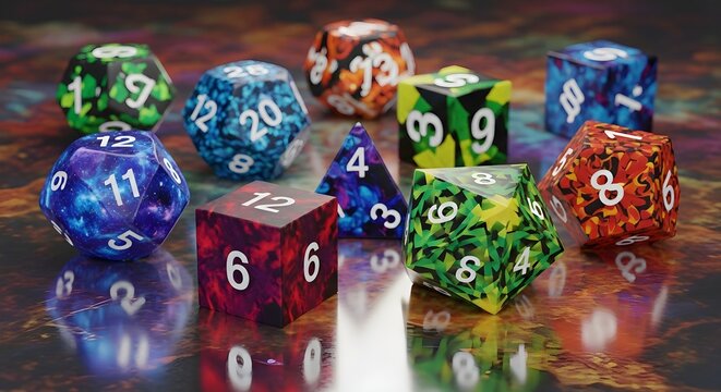 Vibrant Polyhedral RPG Dice Set with Colorful Galaxy and Marble Patterns on Reflective Surface