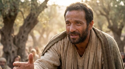 Cinematic portrait of an ancient Middle Eastern man in a traditional tunic, biblical disciple or apostle gesturing in an olive grove at sunset.