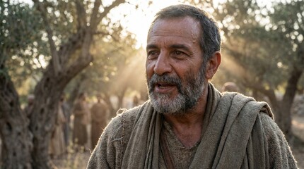 Cinematic close-up portrait of an elderly Jesus Christ in an olive grove with sunbeams, spiritual biblical illustration of the Savior at sunset.