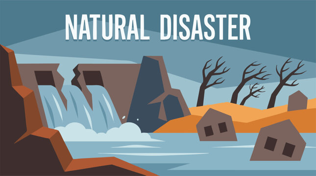 Illustration of Natural Disaster with Flood, Dam Break, and Submerged Houses