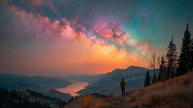 Alpine Mountain Sunset Milky Way Rainbow Same Frame Person Looking At Stars Lake Forest Serene Dreamy Landscape