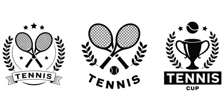Tennis emblems collection with rackets, laurel wreaths, stars, trophy cup, sports badge design, tournament logo artwork, flat vector illustration