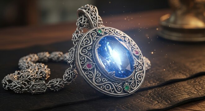 Intricate silver pendant features a large blue gemstone surrounded by elaborate filigree metalwork.