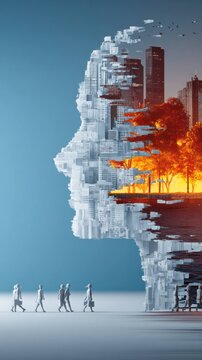 Abstract human face made of city buildings with trees and fire inside, people walking in front, concept of urban life, environment, destruction and transformation.