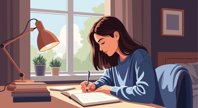 Young Woman Writing in Notebook at Desk.