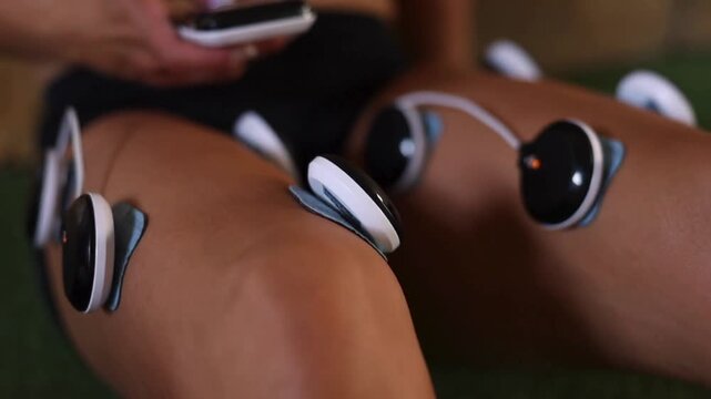 electrical muscle stimulators on woman s legs tone thigh muscles.