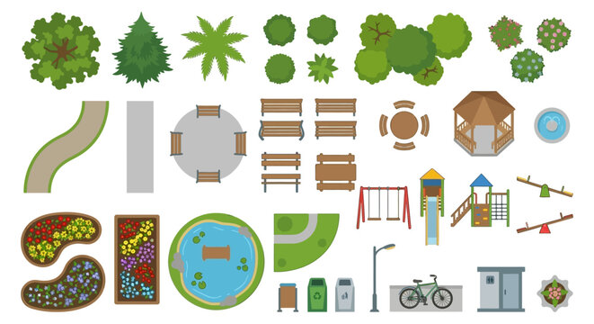 Overhead view of a colorful park with trees paths and playground elements