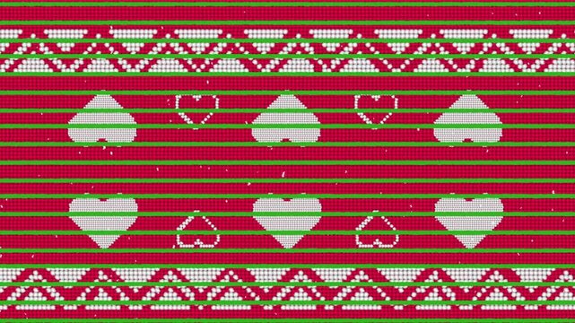 Green stripes and snow falling over heart icons on traditional christmas pattern on red background