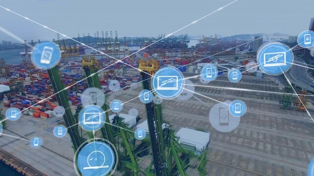 Network of digital icons against aerial view of the port