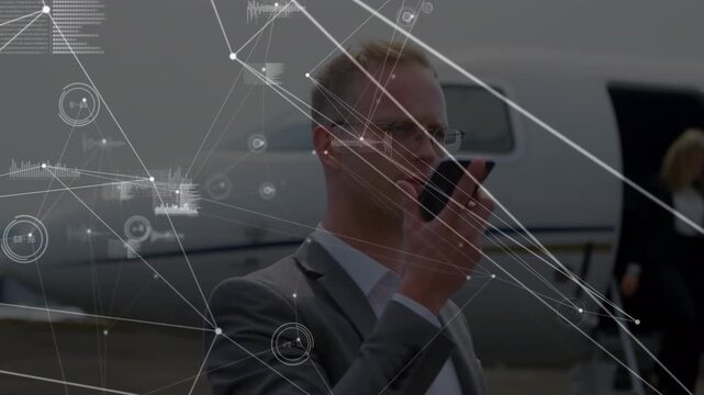 Animation of network of connections over businessmen at the airport