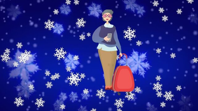 Animation of snowflakes over senior woman with bags on blue background