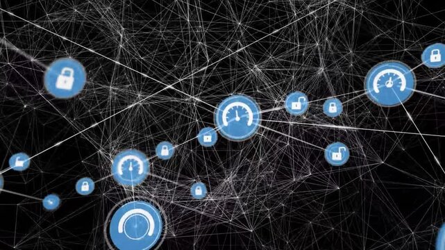 Animation of network of connections with icons over black background with constellations