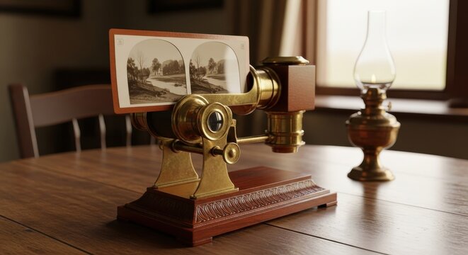 Vintage stereoscope stands on a wooden table beside a lit oil lamp.