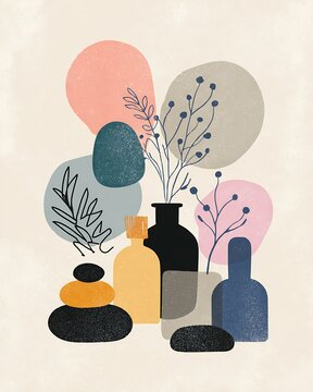 Abstract still life composition of vases and bottles with dried botanical stems, stacked stones and pastel organic shapes