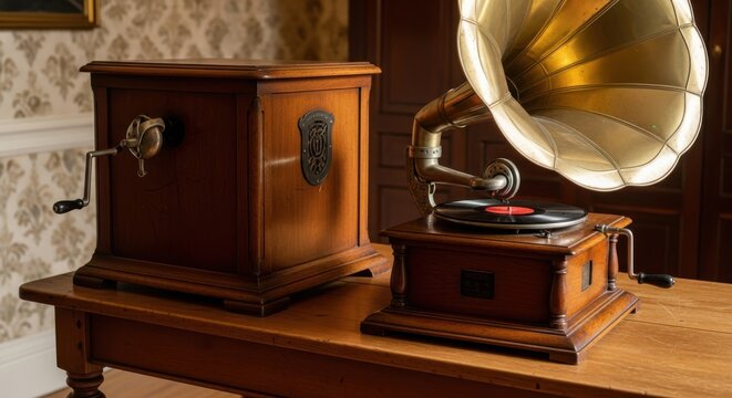 Antique wooden phonograph with a large brass horn sits on a table in a vintage room.