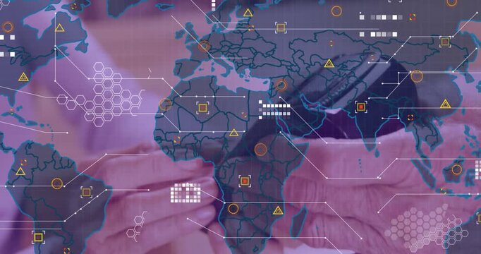 Animation of waving of usa flag and falling mid over american flags over group