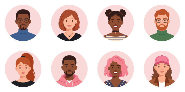 Diverse people avatar collection featuring young men and women in circle frames | Flat vector character icons for social media and business profiles