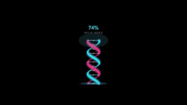Dna helix with 74 loaded against a black background. Suitable for science textbooks, genetic research articles, medical presentations, and educational materials.