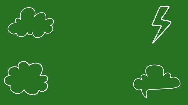 Hand-Drawn Chalk Cloud and Rainbow Animation Video | White Textured Weather Doodle Shapes hand drawn animation | Playful Sketch Cloud and Lightning on green screen