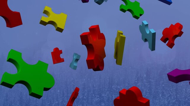 Animation of multicolored jigsaw pieces falling over trees in forest during foggy weather