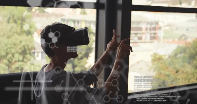Animation of medical data processing over man wearing virtual reality simulator
