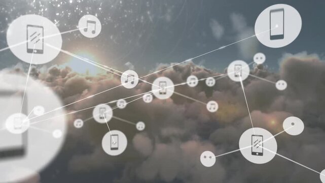 Animation of network of digital icons against clouds and sun in the sky