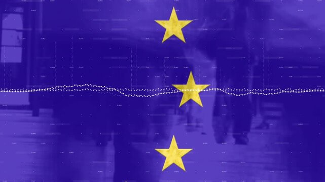 Animation of financial data processing and flag of eu over diverse people walking on street