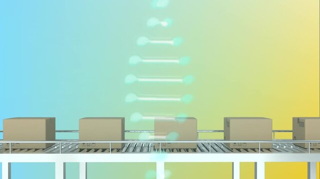Animation of multicolored dna helix rotating over cardboard packages on conveyor belt